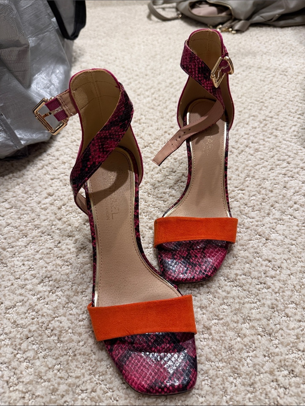 Michael Kors Pink Snake-Print Ankle-Strap Heels with Orange Front Strap